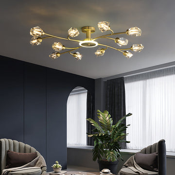 Brass 12-Light Sputnik Crystal Semi-Flush Mount Light for Living Room and Dining Room